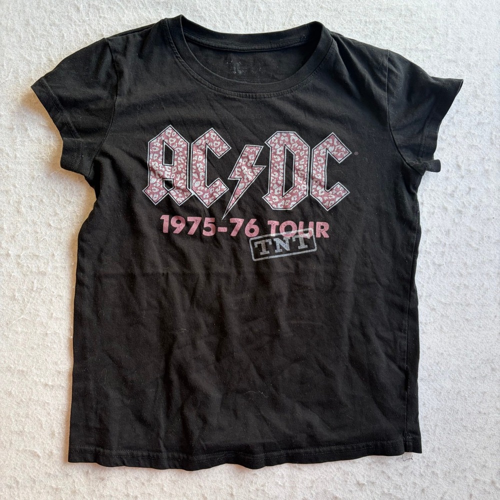 AC/DC Graphic Tee Girls Medium Black 1975-76 Tour TNT Leopard Print Logo